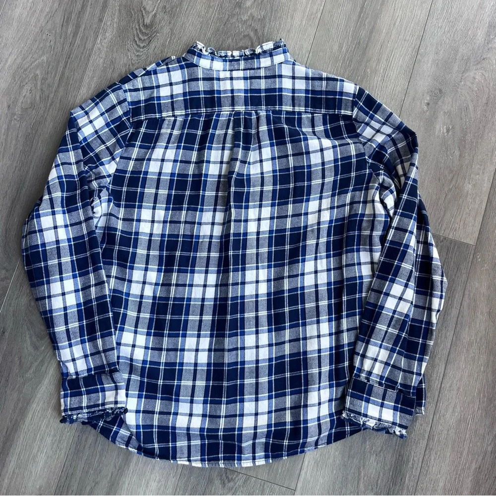 Lands End Plaid Flannel Shirt Womens Large 14-16 Blue White Collared Button Up - Picture 6 of 9